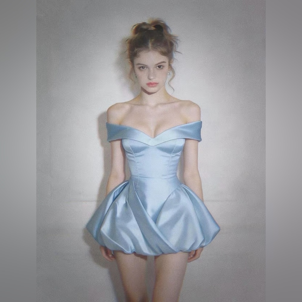 Off-Shoulder Satin Mini Dress in Light Blue